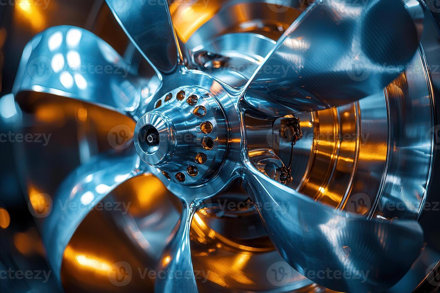 This close-up showcases a detailed metal propeller with multiple blades reflecting blue and orange light. The composition highlights the precision engineering and smooth finish of the structure. photo