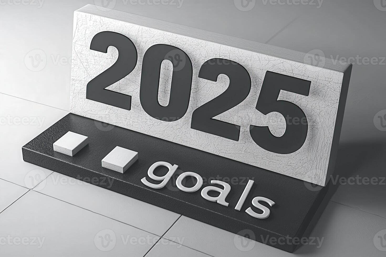 A modern display emphasizes the year 2025 alongside the word goals in a clean, minimalist font. The design features contrasting colors on a smooth surface, promoting focus and clarity. photo