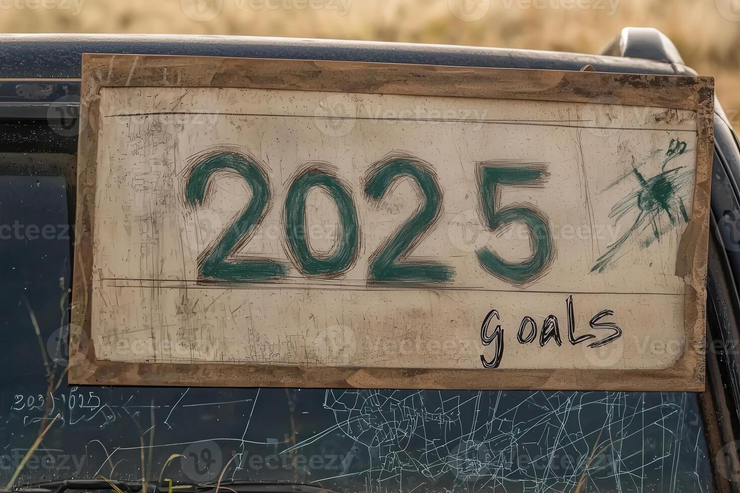 A hand-painted sign indicating 2025 goals rests on the back of an old vehicle in a natural landscape. The area features dry grass and a rustic, open feel under a clear sky. photo