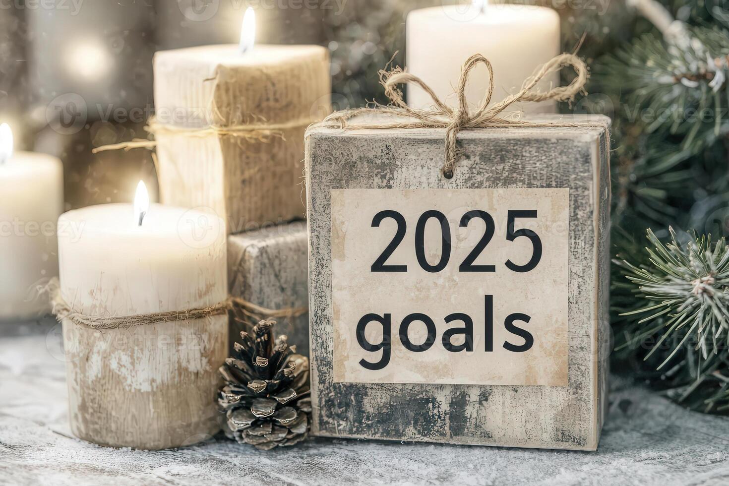 Decorative wooden blocks display the phrase 2025 goals surrounded by lit candles and pine cones, creating a warm and inviting atmosphere for setting intentions for the upcoming year. photo