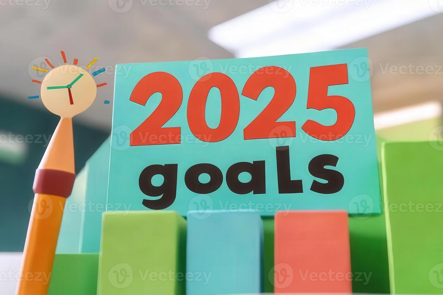 A vibrant display of a sign that reads 2025 goals surrounded by colorful blocks and a pencil with a clock. This setup emphasizes the importance of planning and organization for future achievements. photo