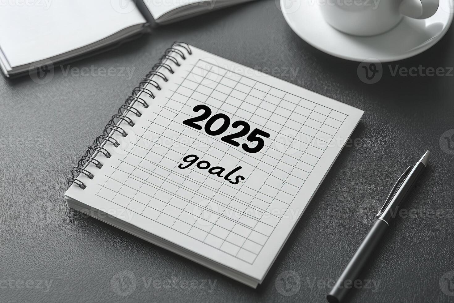 A clean notebook features the words 2025 goals prominently on the page. A coffee cup and an open notebook are nearby, creating a cozy setting for planning and reflection. photo