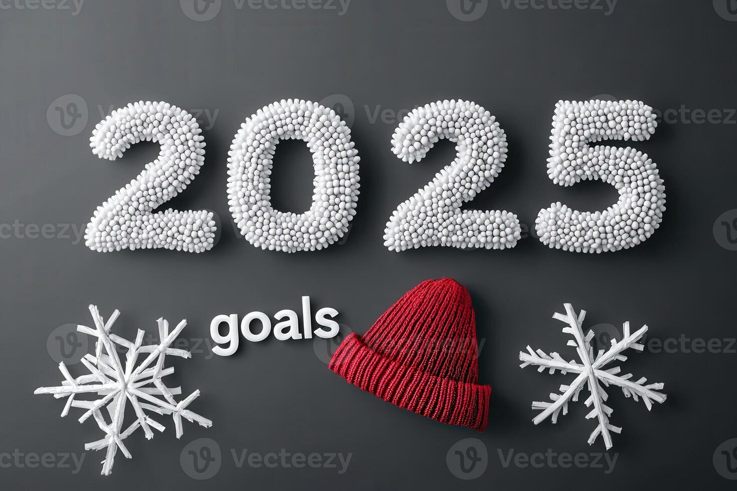 The composition features the number 2025 made from white beads, accompanied by a red winter hat, snowflakes, and the word goals, set against a dark background. photo