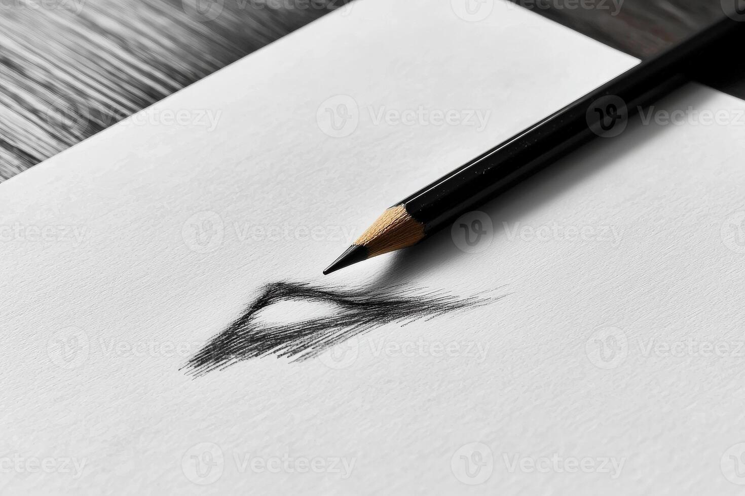 A black pencil is poised above a partially drawn eye on a blank sheet of white paper, capturing the meticulous process of artistic creation. The focus on the pencil showcases fine details. photo