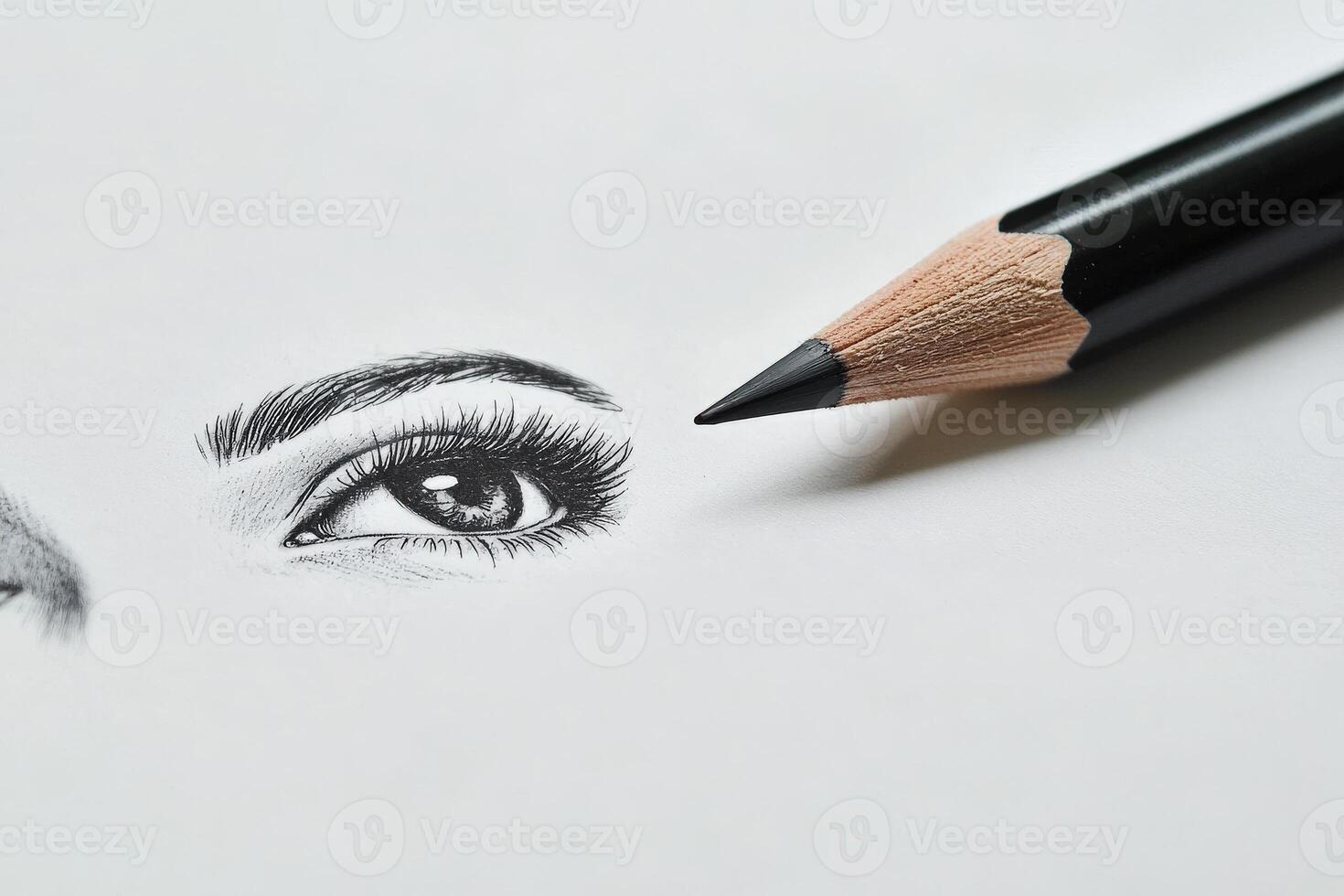 A close-up view of a skillfully drawn eye, highlighting intricate details like eyelashes and shading. A sharpened pencil is positioned next to the artwork, ready for further touches. photo