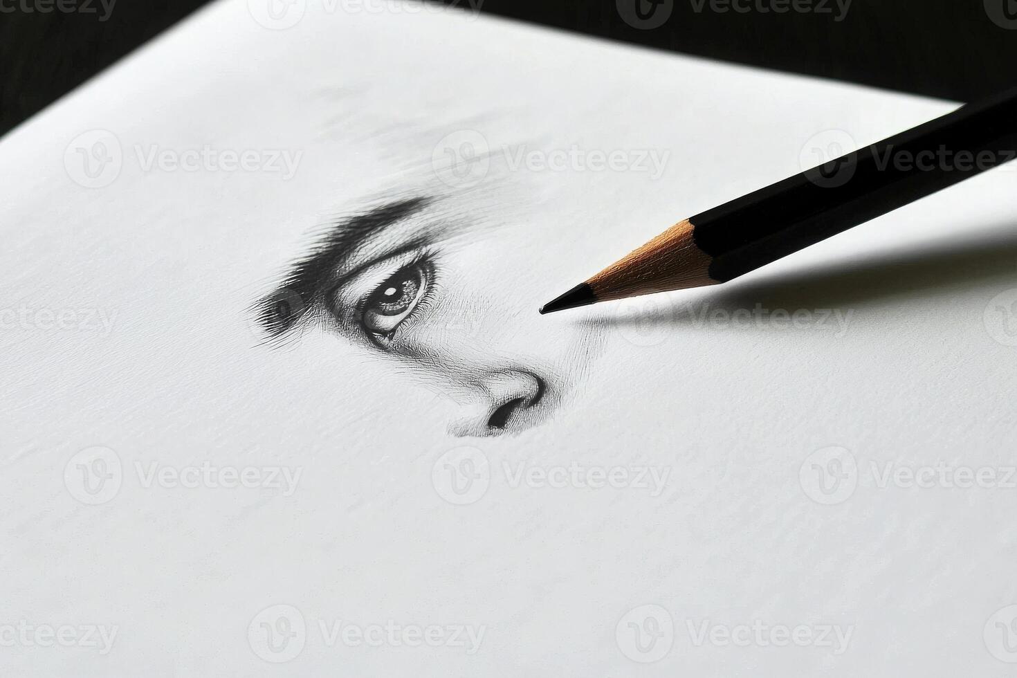 A pencil rests close to a meticulously sketched eye and nose on a blank sheet of paper. The drawing showcases fine details and shading, reflecting artistic skill and precision. photo
