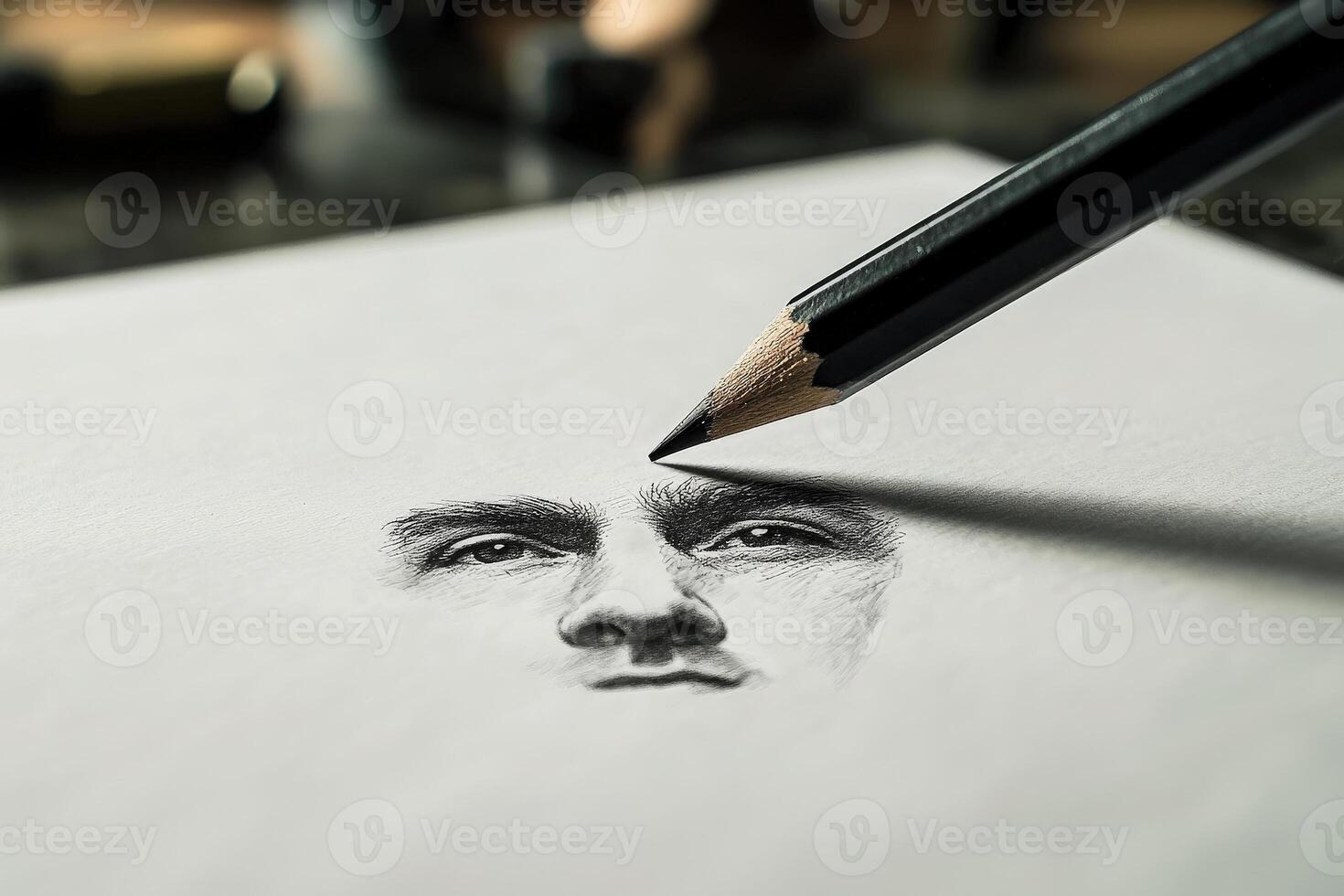 An intricate pencil sketch of a human face is in progress. A sharpened pencil is poised above the paper, capturing fine details in a well-lit creative workspace with art supplies around. photo