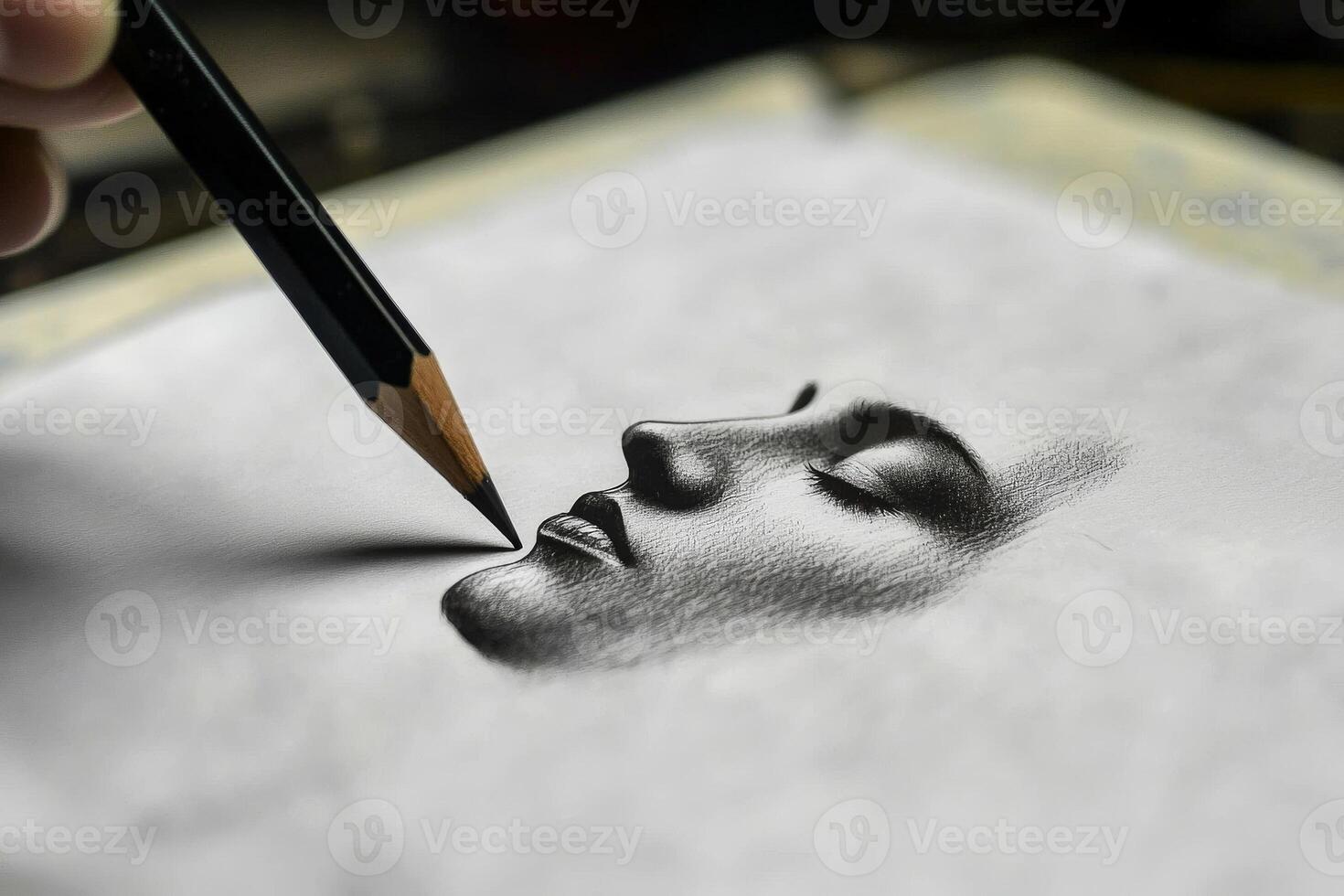 A hand holds a pencil carefully sketching the delicate features of a womans profile on textured paper. The workspace is filled with artistic tools, reflecting a moment of inspiration. photo