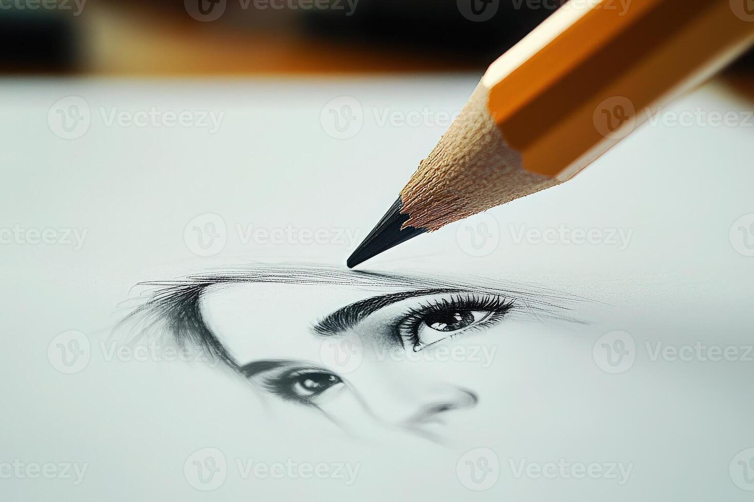A skilled artist focuses on a close-up of a womans face as the pencil hovers above the paper, capturing intricate details in the eyes and hair, emphasizing artistry in progress. photo