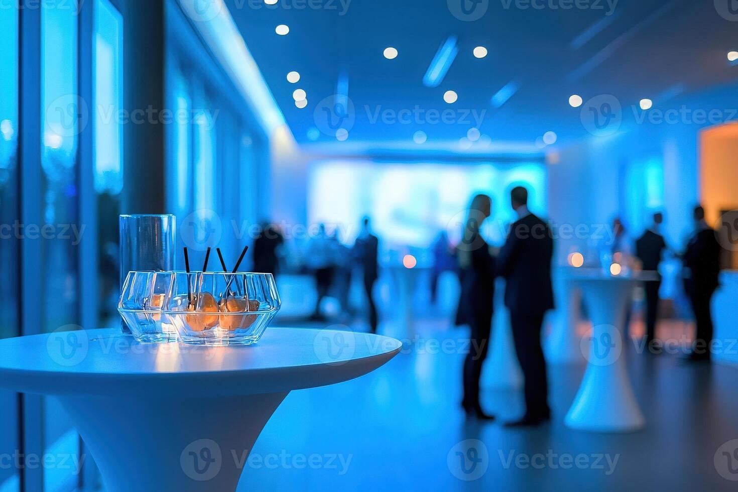 Guests socialize in a contemporary event space illuminated by soft blue lighting. Low tables hold elegant glassware as attendees engage in conversation and networking during the evening event. photo