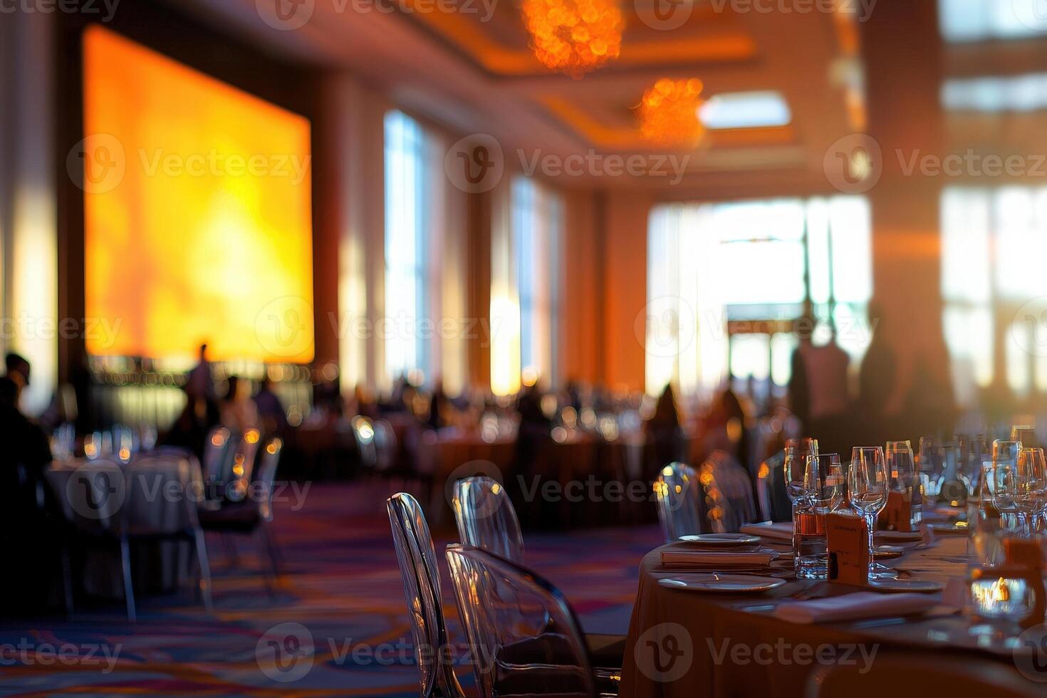 Tables are elegantly arranged for a formal dinner, bathed in warm orange light from large windows. Guests mingle and enjoy the atmosphere in a stylish space. photo