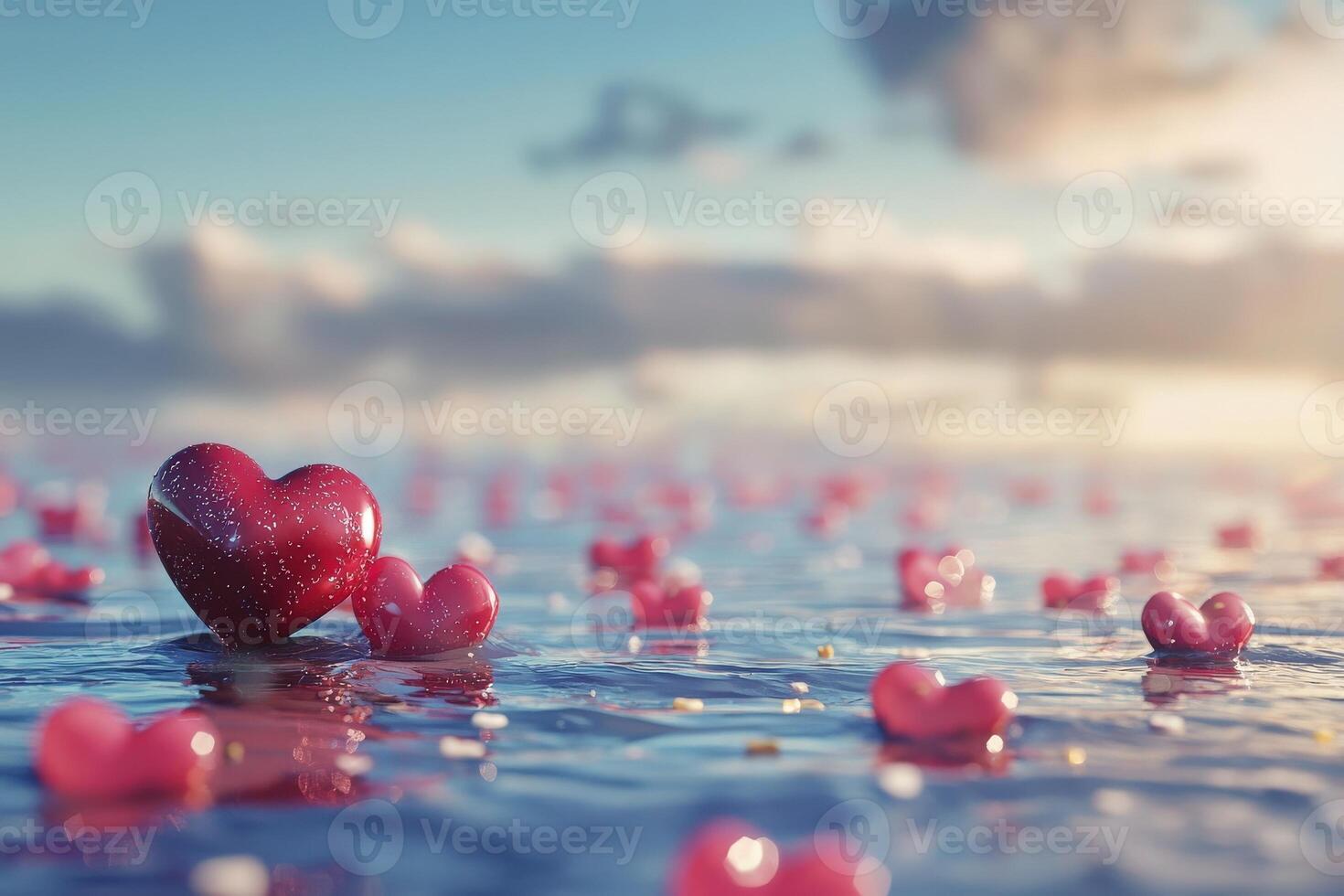 Floating heart shapes create a romantic atmosphere on calm waters as the sun sets, casting warm hues across the sky. The overall scene evokes love and tranquility in nature. photo