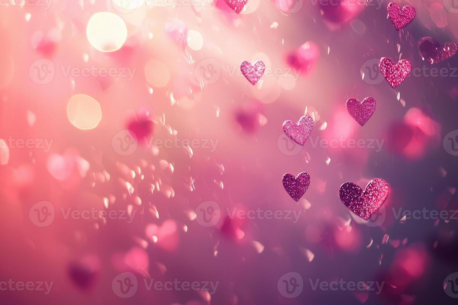 Pink and purple hearts float in a whimsical blur, creating a magical atmosphere. Sparkling light enhances the romantic vibe, inviting feelings of joy and celebration. photo