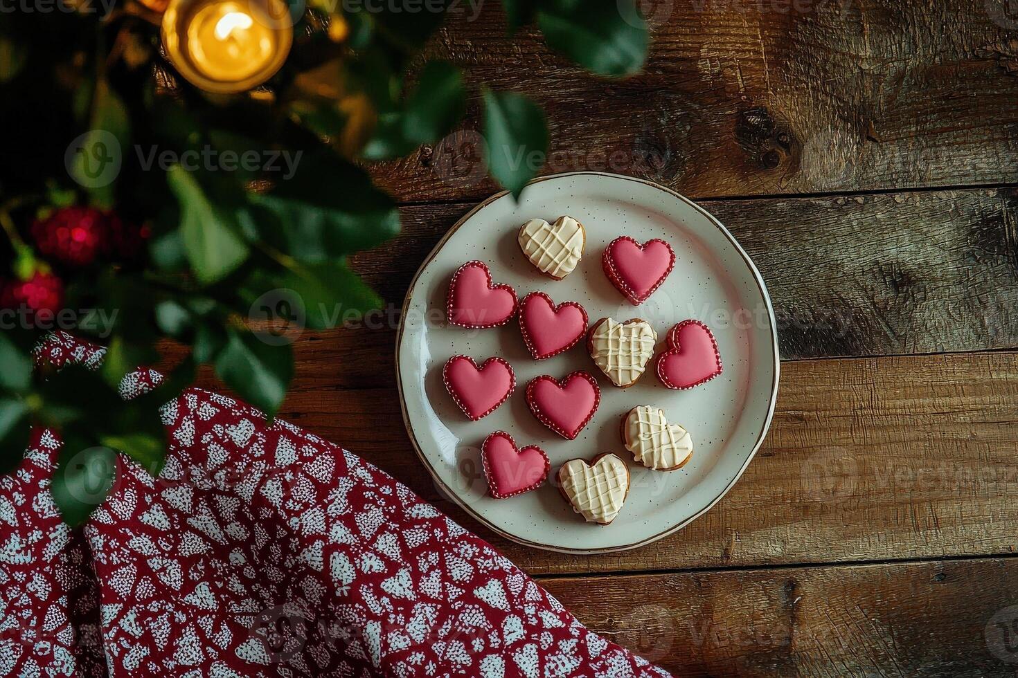 A variety of heart-shaped cookies, some decorated with pink icing and others with a waffle pattern, are artistically placed on a plate. They sit on a wooden table beneath a festive tree. photo
