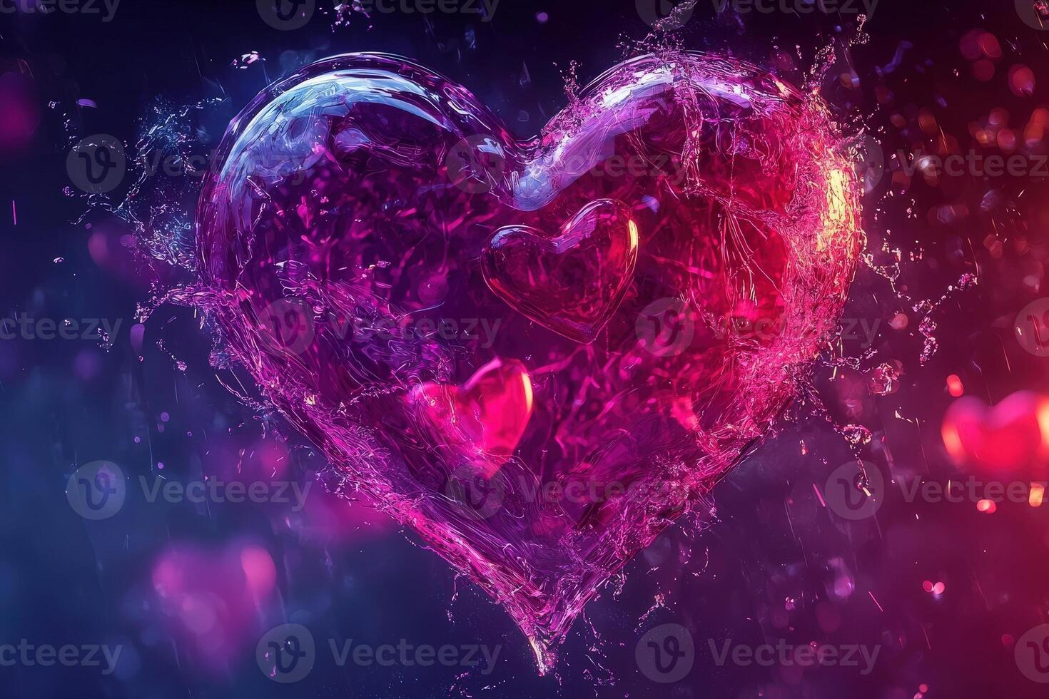 A large heart-shaped splash of water in shades of purple and pink creates a dynamic visual effect. Smaller hearts adhere to the larger form, showcasing creativity and artistic expression. photo