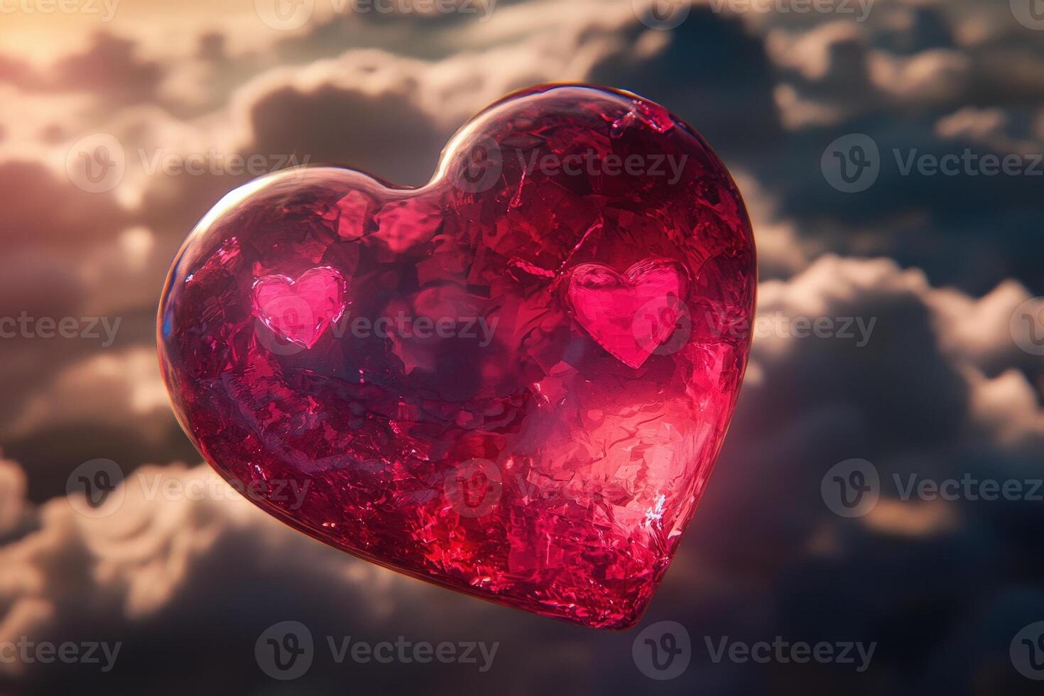 A large, translucent heart-shaped crystal sparkles in vibrant red tones, gently hovering above fluffy clouds. Two smaller heart shapes are visible inside, enhancing the romantic ambiance. photo
