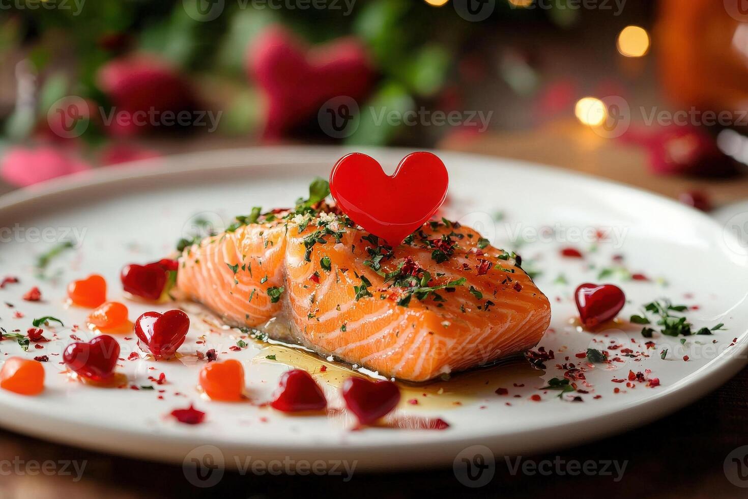 A beautifully plated salmon dish features vibrant colors and textures. Garnished with fresh herbs, edible flowers, and heart-shaped decorations, it sets a romantic mood for a special occasion. photo