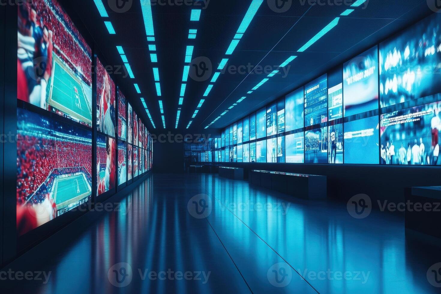 In a modern sports analytics room, multiple high-definition screens display vibrant visuals and data related to various sports activities. The space is designed for analytical discussions. photo