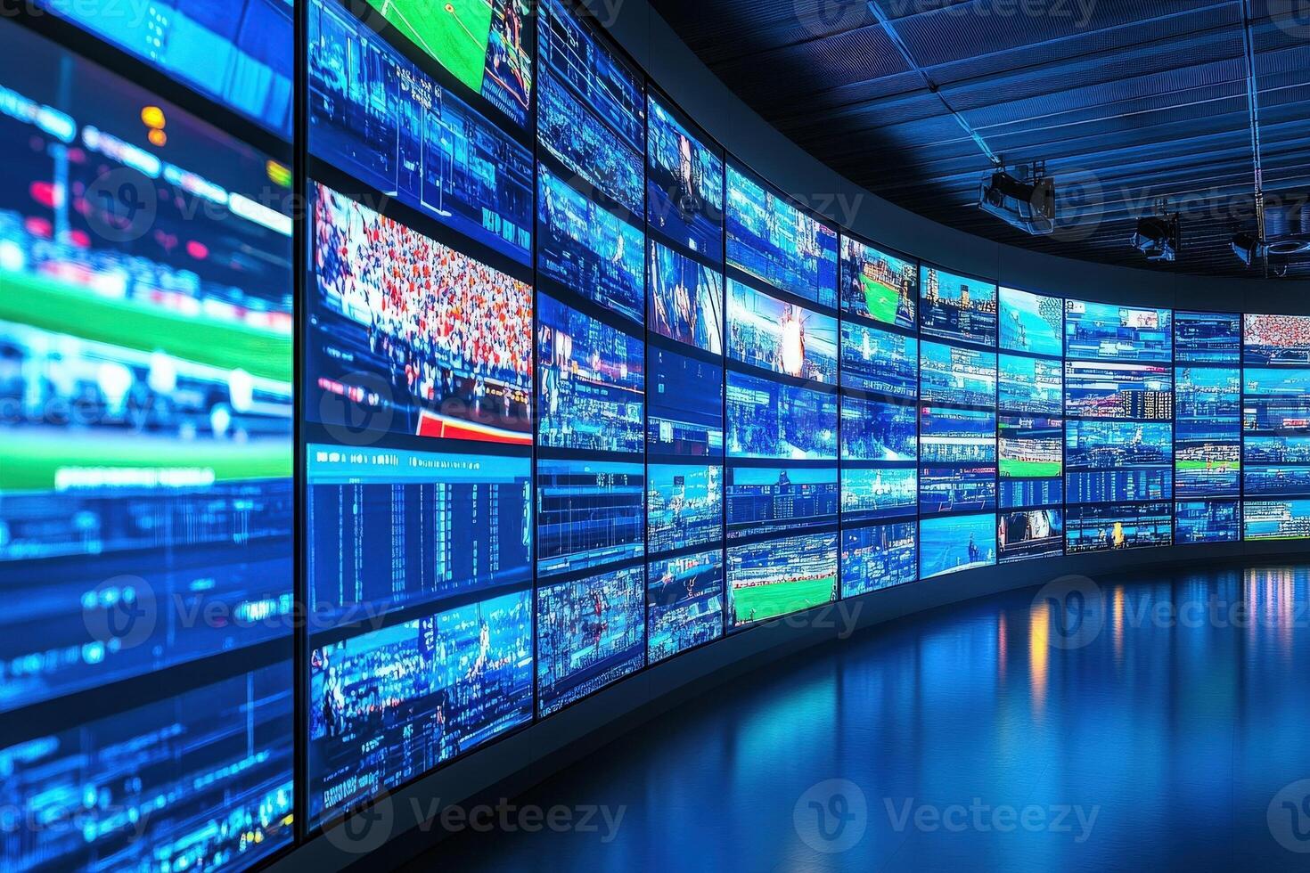 In a high-tech room, numerous screens display real-time sports statistics, games, and analytics. The setup supports advanced analysis and enhances viewer engagement during live events. photo