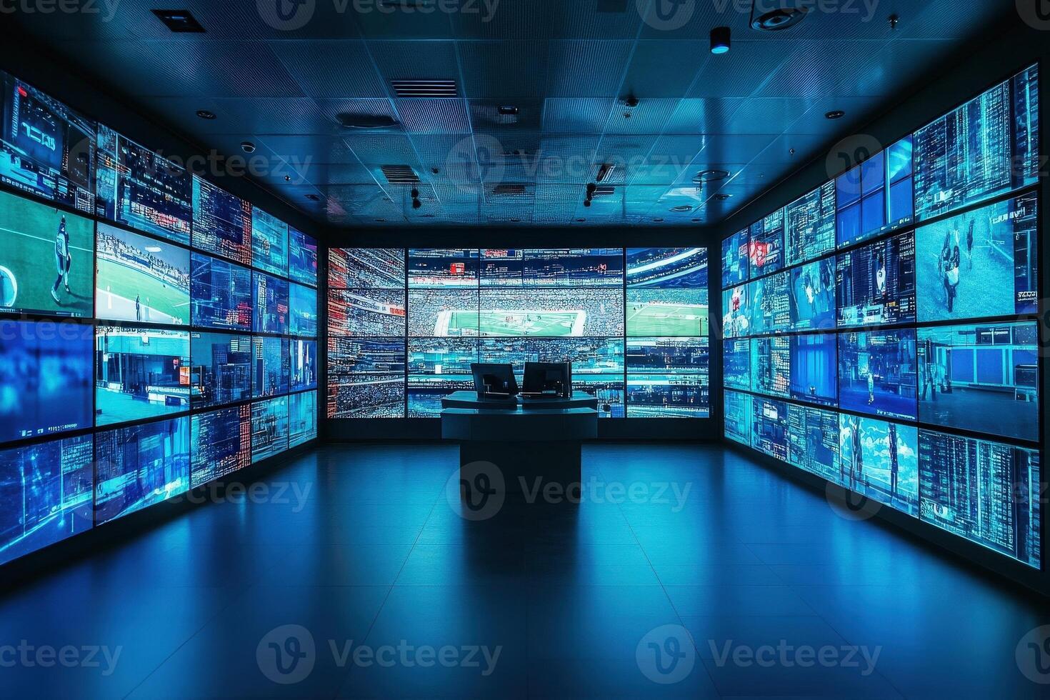A sophisticated control room features an array of large screens showcasing live data, sports events, and analytics. The space is dimly lit, emphasizing the vibrant colors from the displays. photo