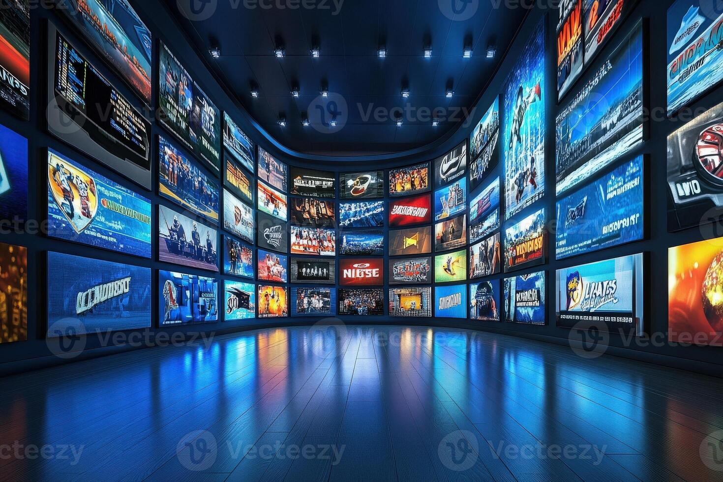 A spacious room with a curved wall filled with numerous screens displaying vibrant digital content. The environment is illuminated, creating an engaging atmosphere for viewers. photo