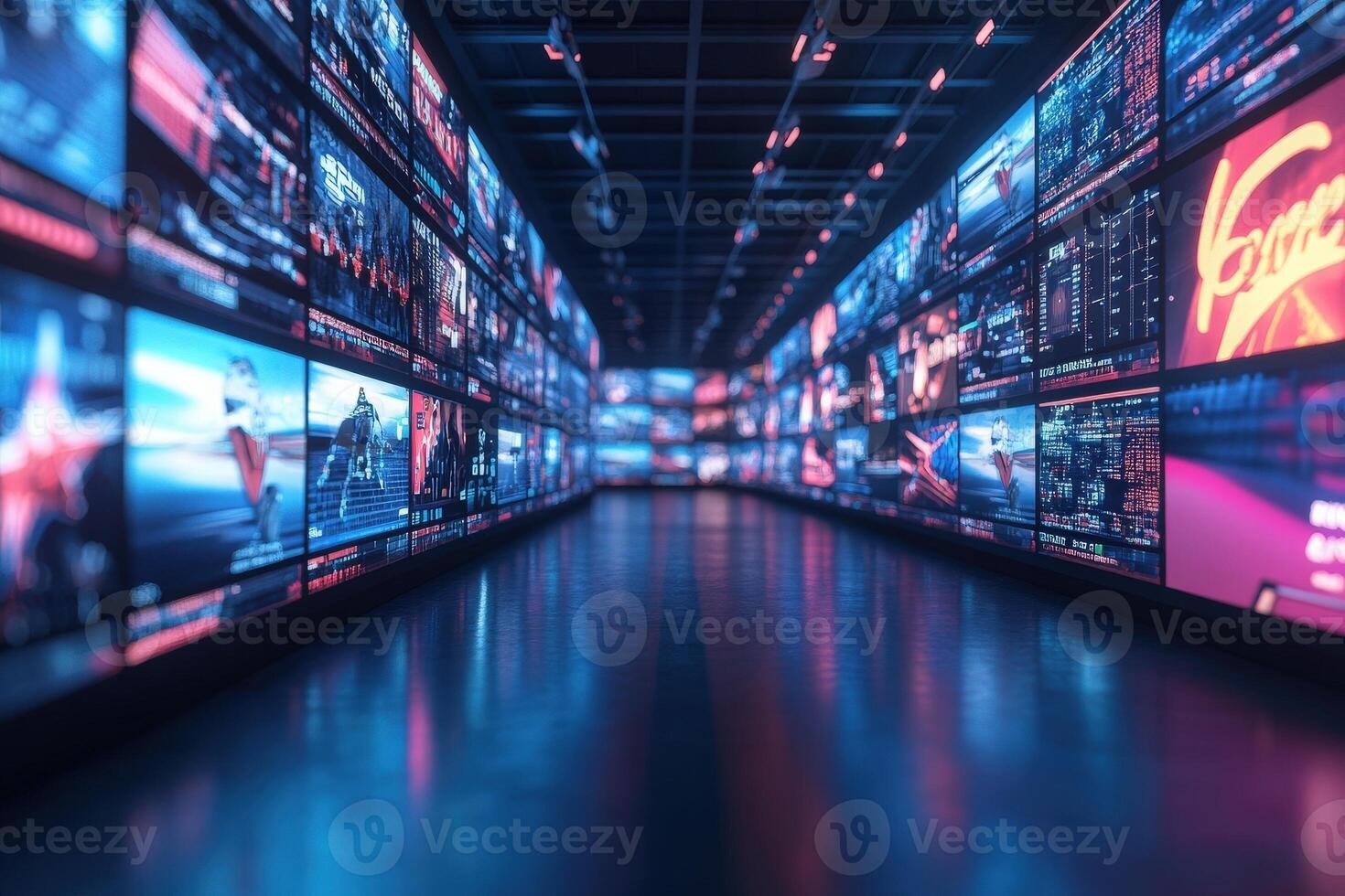 Rows of bright screens line a futuristic hallway, showcasing various images and data. The ambient lighting enhances the vibrant colors of the displays, creating a tech-savvy atmosphere. photo