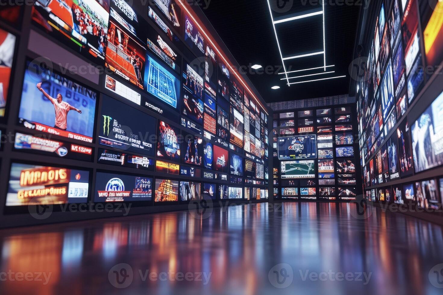 A long wall lined with vibrant digital screens displays various sports events. The rooms sleek design features a glossy floor and bright lighting, creating an engaging atmosphere for viewers. photo