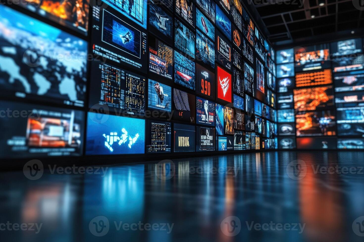 A wide array of digital screens fills a contemporary space, displaying different news updates, data visualizations, and vibrant graphics. The atmosphere is technology-driven and engaging. photo