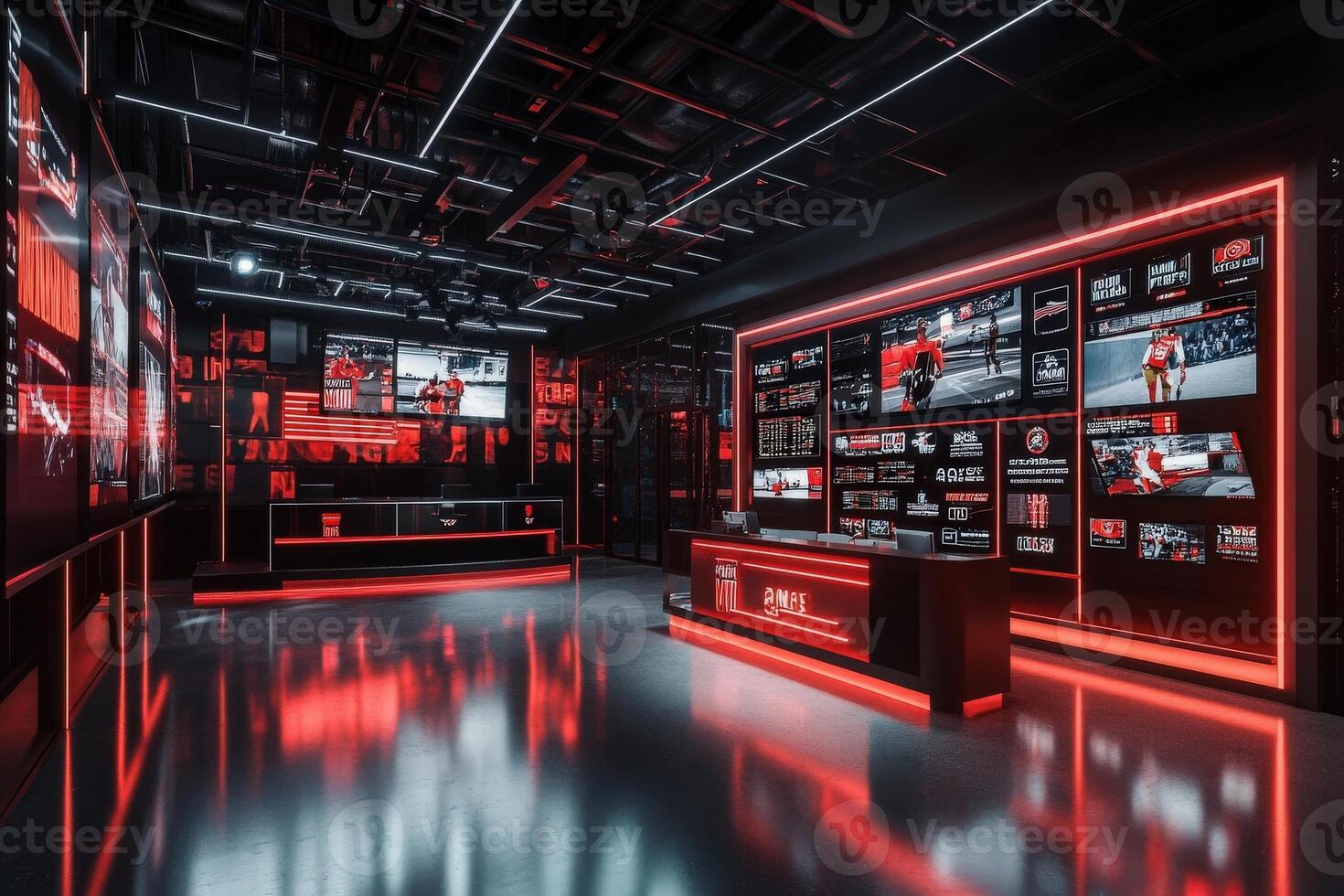 The interior of a contemporary broadcast studio features bright red lighting and multiple screens displaying sports content. It is designed for dynamic interaction and coverage of events. photo