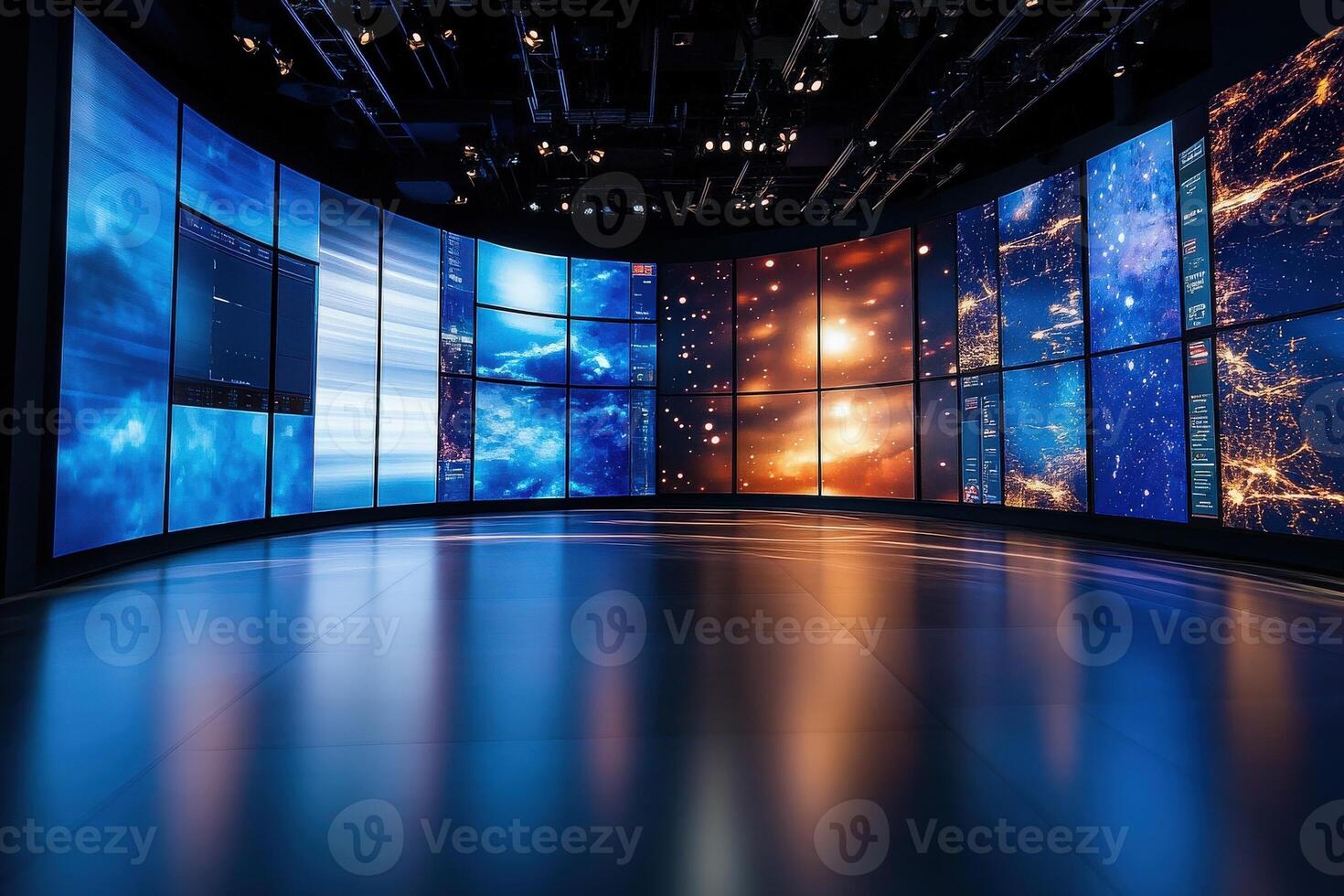 A sleek studio environment showcases an array of colorful screens displaying abstract visuals, illuminated by soft lighting, creating an immersive and dynamic atmosphere for creative projects. photo