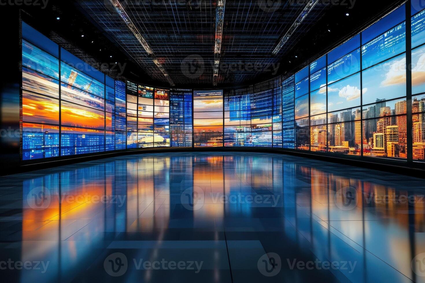 This space features multiple large screens arranged in a semi-circle, displaying vibrant cityscapes and dynamic data visualizations. photo