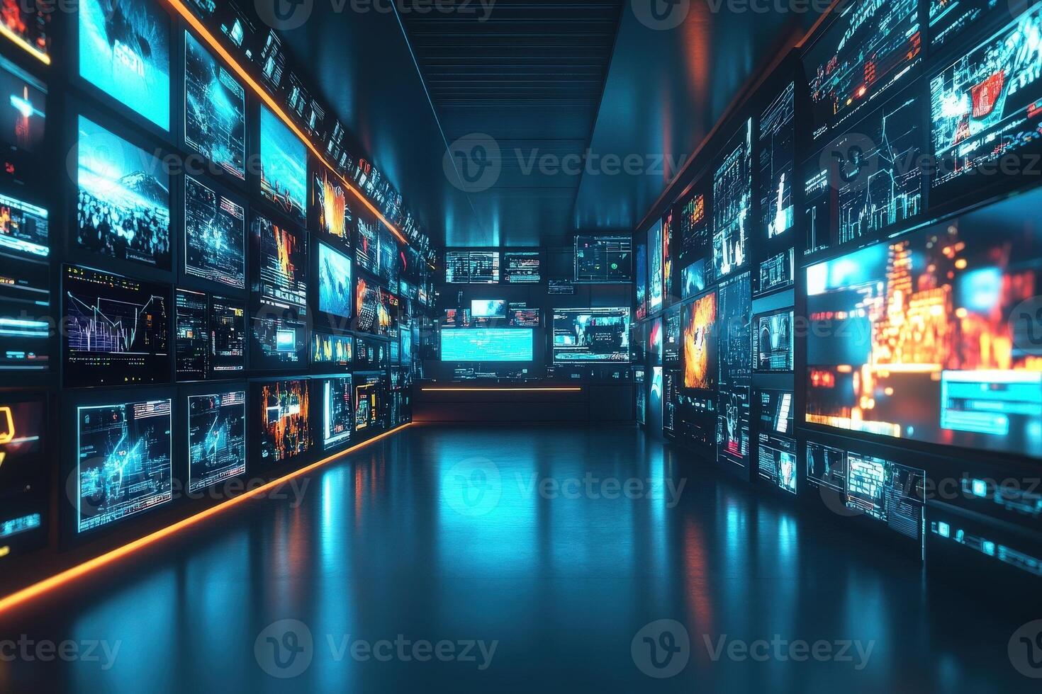The control room features multiple digital screens displaying vibrant data visuals, charts, and graphics. The environment is sleek with a futuristic design illuminated by ambient lighting. photo