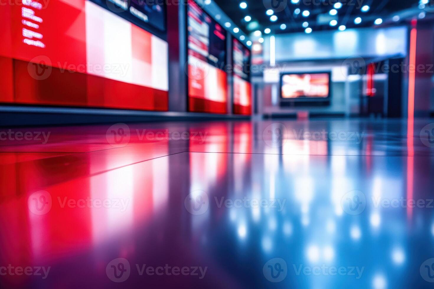 A sleek studio features glossy flooring, bright red and blue lights, and multiple multimedia screens displaying information. The atmosphere is dynamic and high-tech, suitable for broadcasting. photo