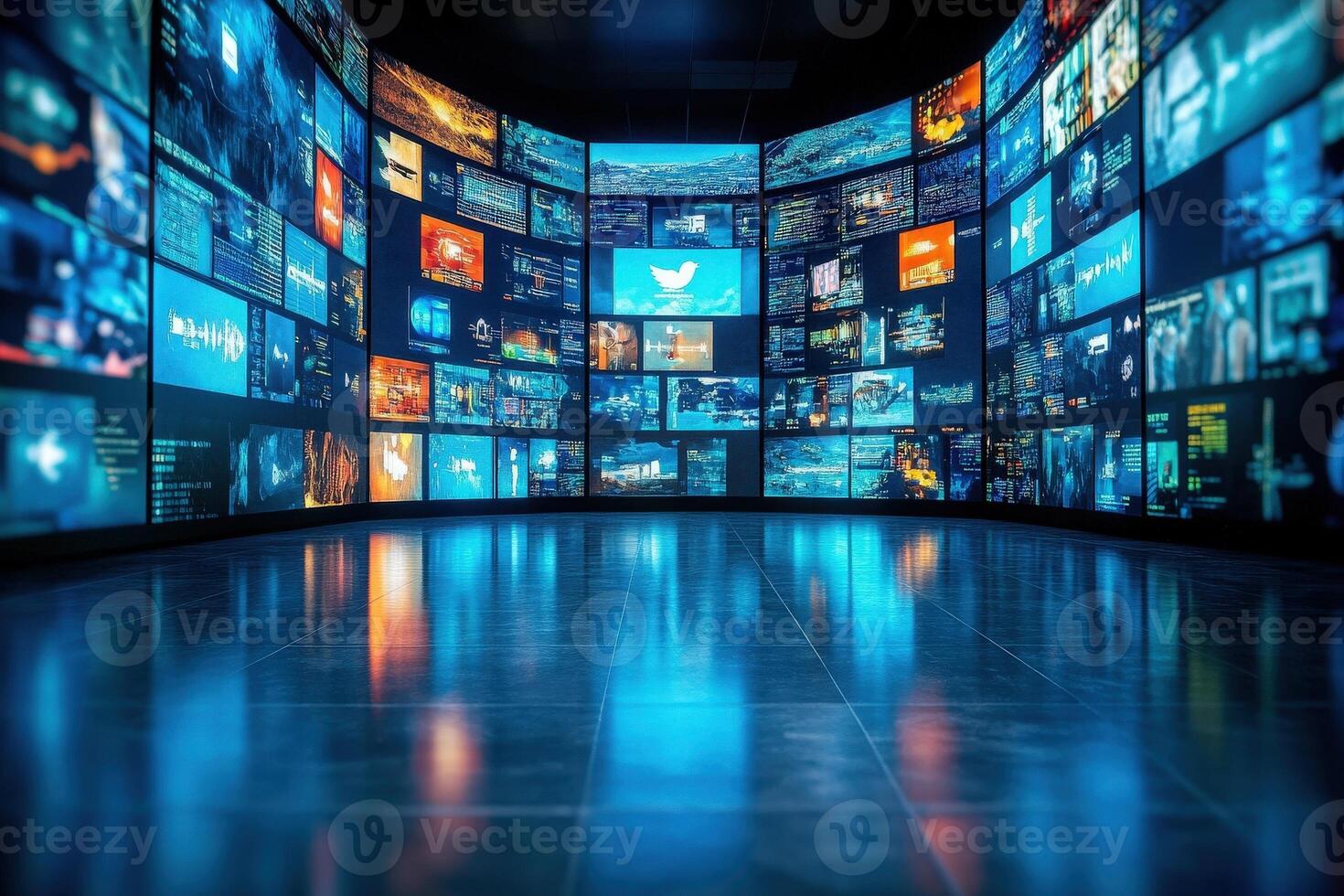 A vibrant digital media wall with numerous screens showcases diverse content in a sleek, modern setting. The room is illuminated with blue hues, enhancing the futuristic atmosphere. photo