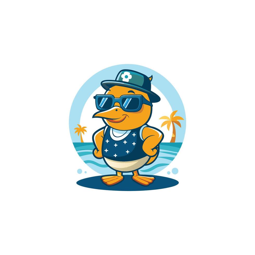 Cool Duck Summer Cartoon Icon Illustration. Animal Holiday Icon Concept Isolated Premium. Flat Cartoon Style vector