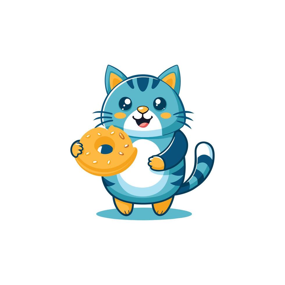 Cute Cat With Doughnut. Flat Cartoon Style vector