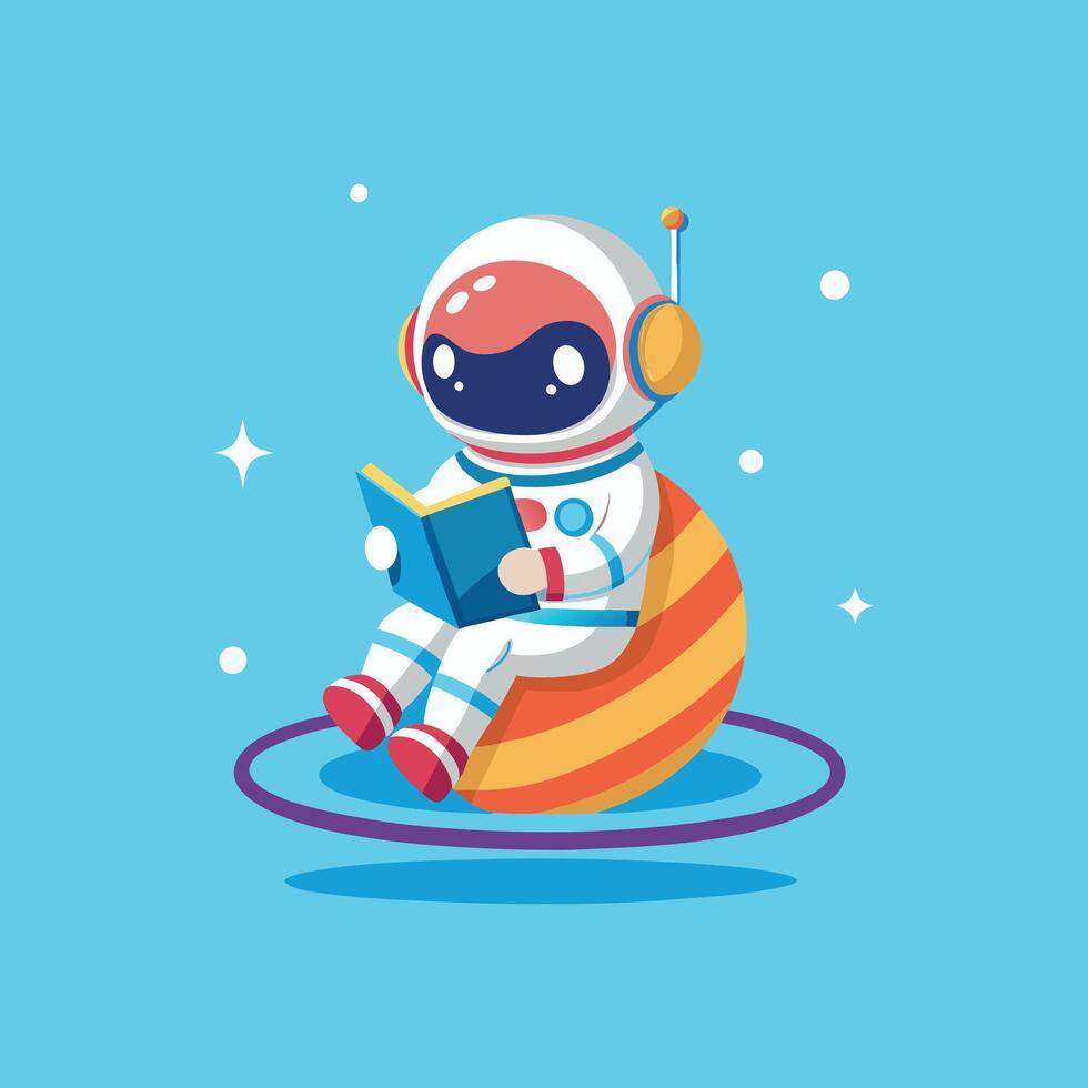 Cute Astronaut Read Book On Planet Cartoon Icon Illustration. Science Technology Icon Concept Isolated . Flat Cartoon Style vector