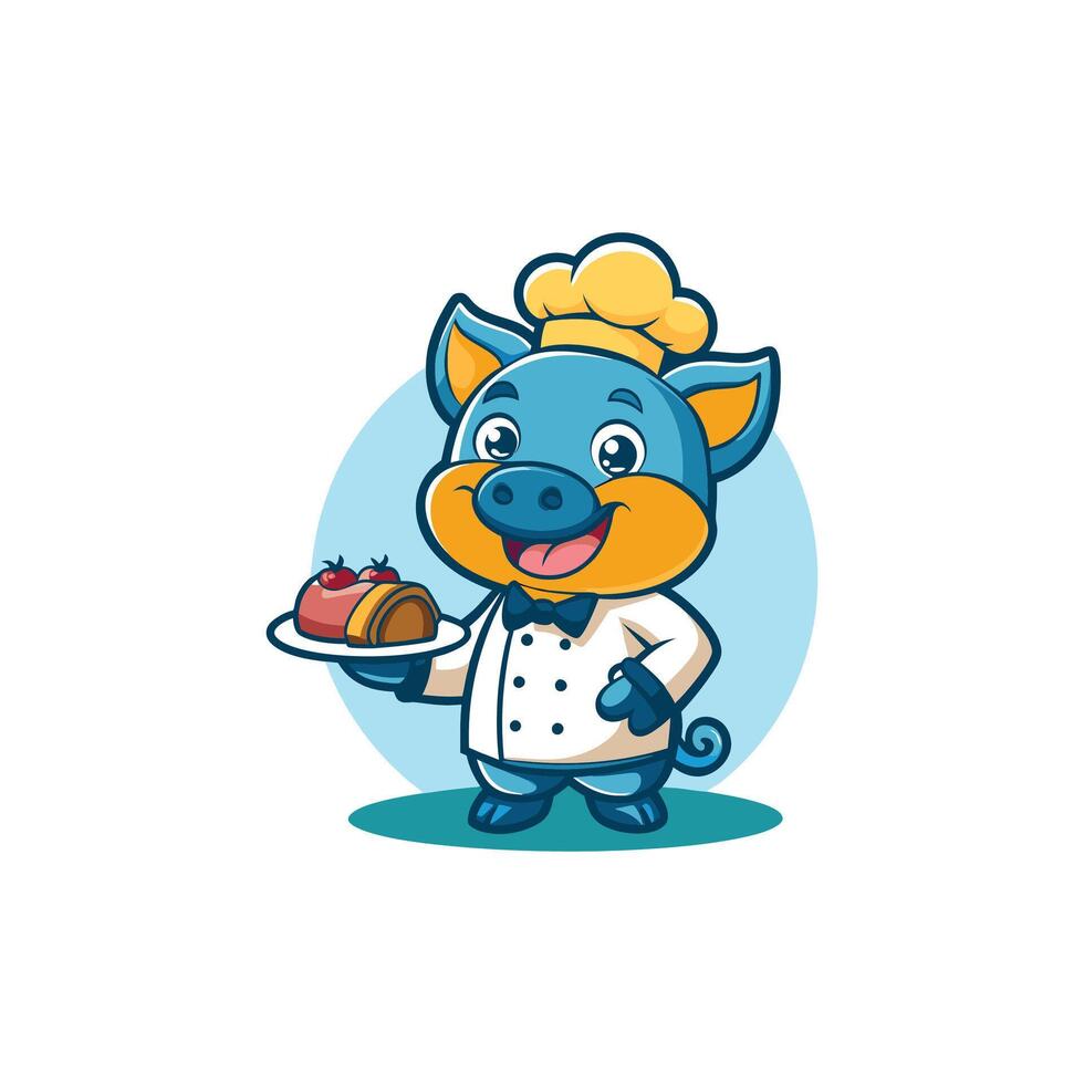 Cute Pig Chef Eating Beef Steak Cartoon Character. Animal Food Isolated. vector