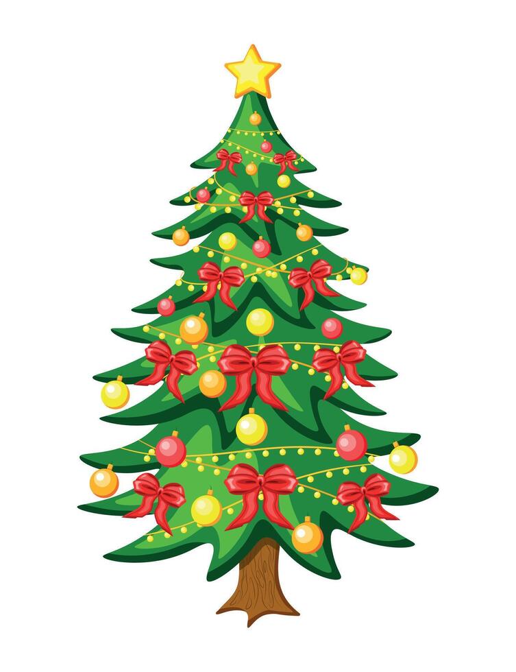 Christmas tree in cartoon style. Flat illustration of a festive Christmas tree decorated with snowflakes, colored balls, shining garlands, red bows, a star isolated on a white background. New Year. vector