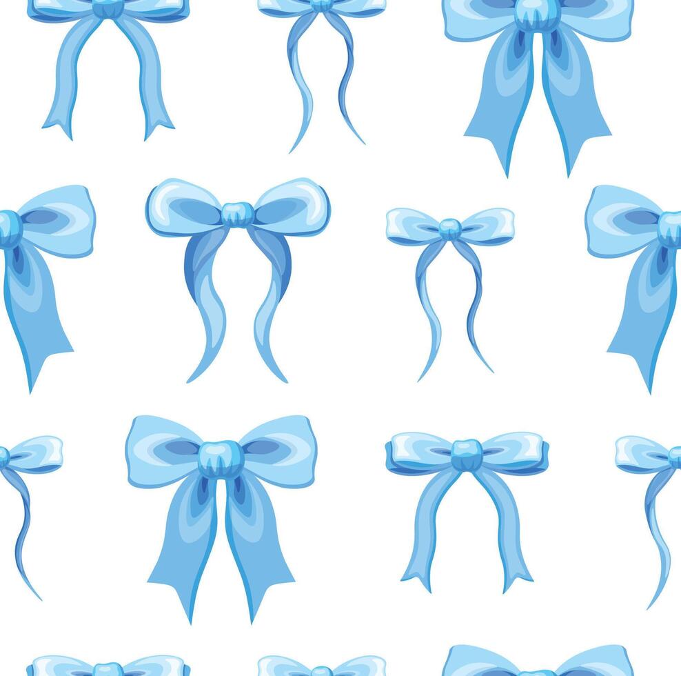 Seamless pattern with cute bows in cartoon style. Flat illustration of a pattern with blue ribbon bows of different shapes and sizes, isolated on a white background. Wrapping paper. Packaging.Decor. vector