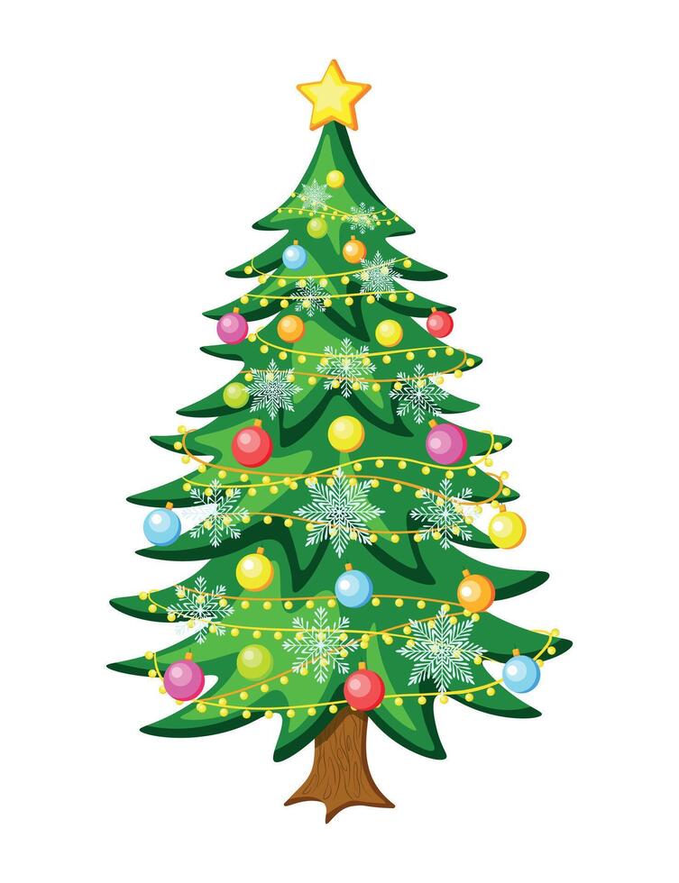 Christmas tree in cartoon style. Flat illustration of a cute festive Christmas tree decorated with snowflakes, colored balls, shining garlands, a star isolated on a white background. vector
