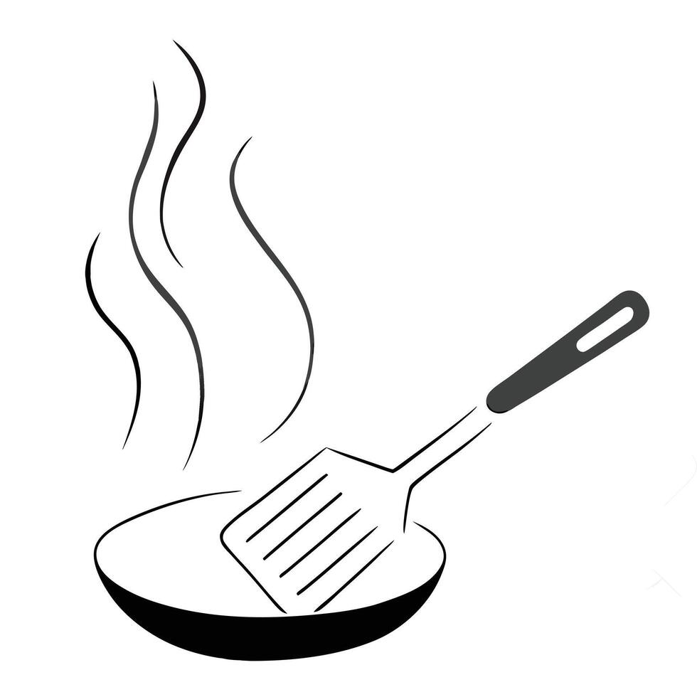 Black and White Pan with Spatula Minimalist Cooking Illustration. vector