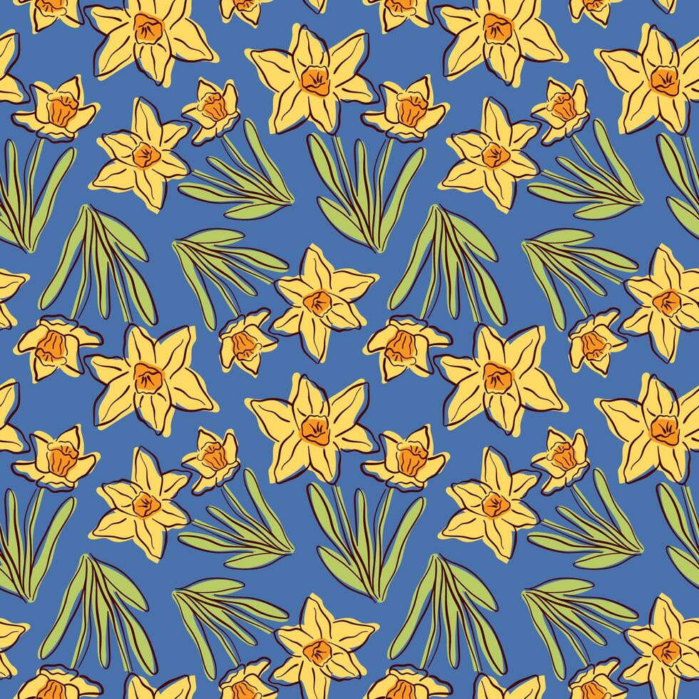Seamless pattern with yellow daffodil flower and green leaves in flat style. Spring floral design on blue background. vector