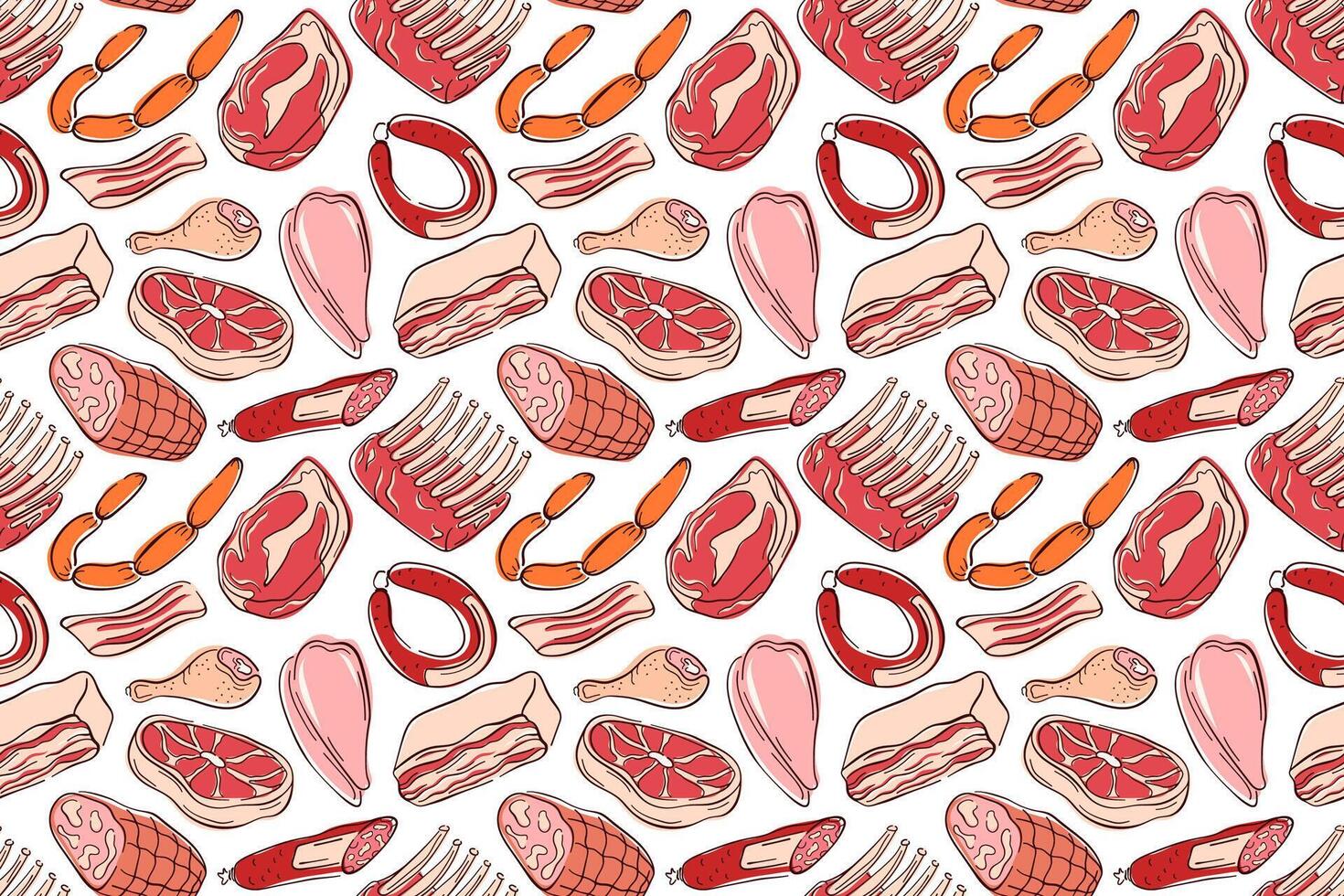 Seamless meat pattern with different cuts in flat style. Ideal for butcher shop design, restaurant menu, culinary project or background in food related illustration. vector