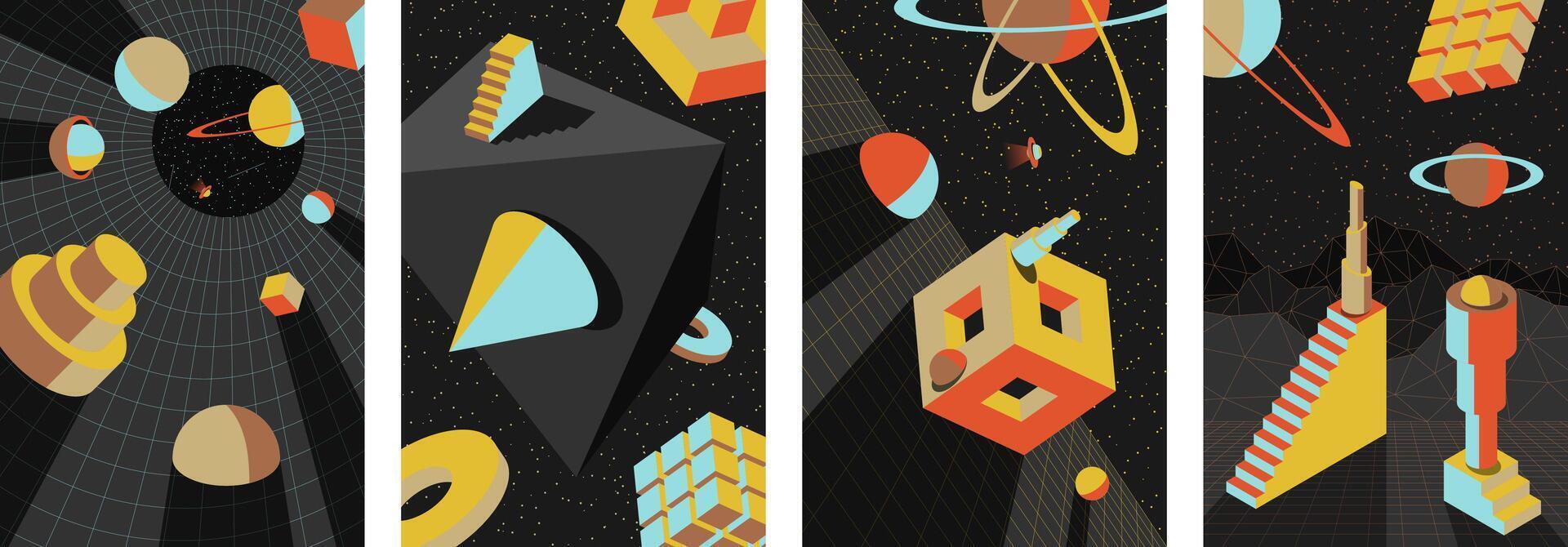 Psychedelic retro posters with colorful 70s and 80s vibes. Optical illusions and surreal cosmic scenes. Geometric patterns and spheres. Stairs in vintage perspectives. Bold vibrant design prints vector