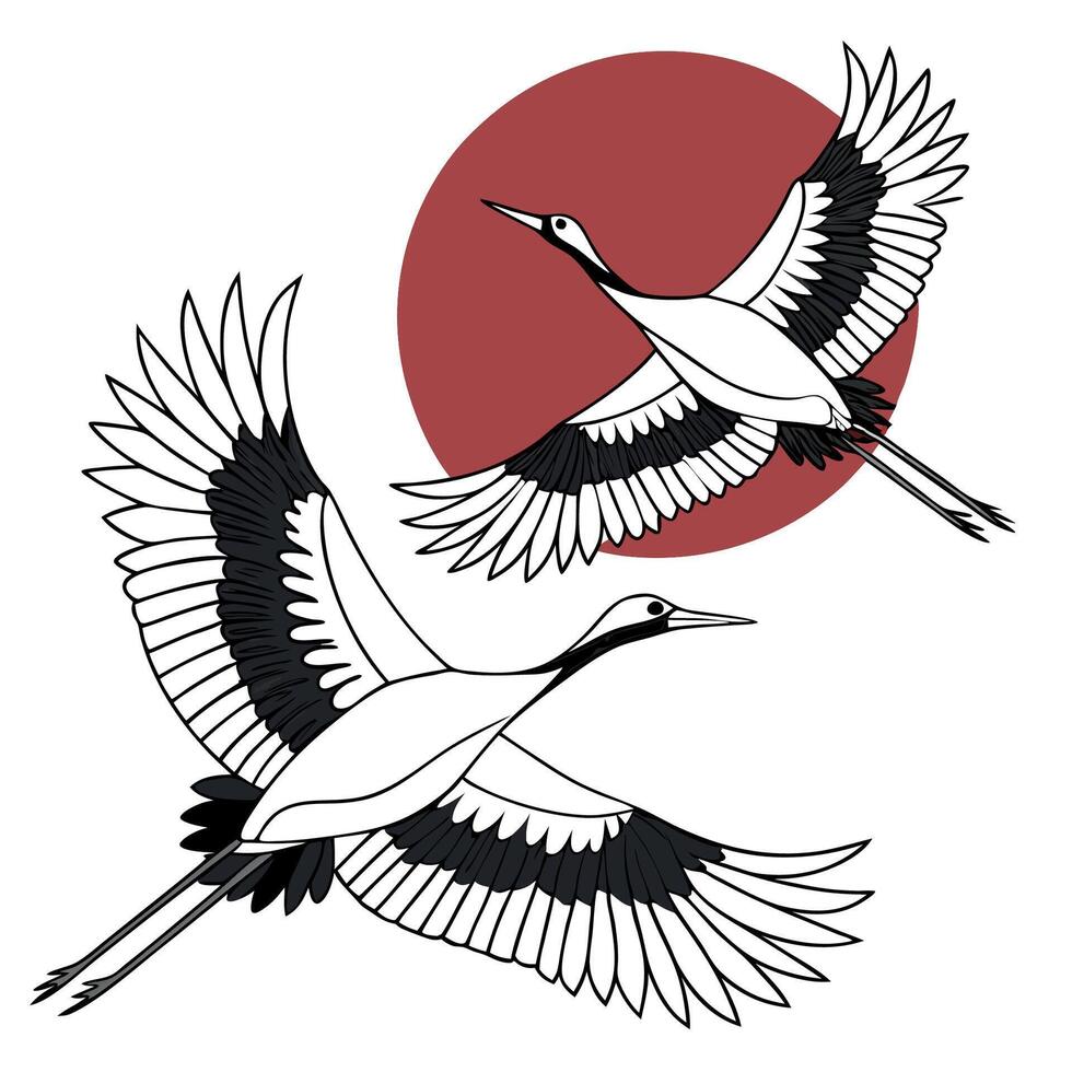 two cranes flying over a red sun T-Shirt Design vector
