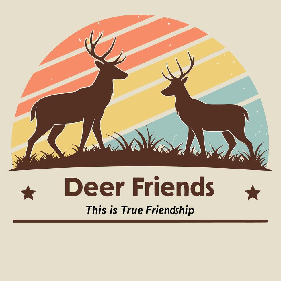two deer friends are standing in front of a sunset T-Shirt Design vector