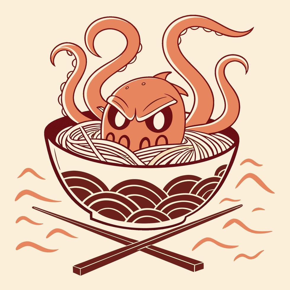Japanese Noodle Skull T-Shirt Design vector
