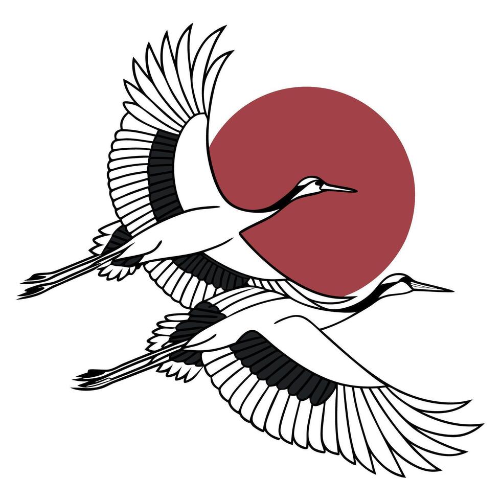 japanese crane with red sun background vector