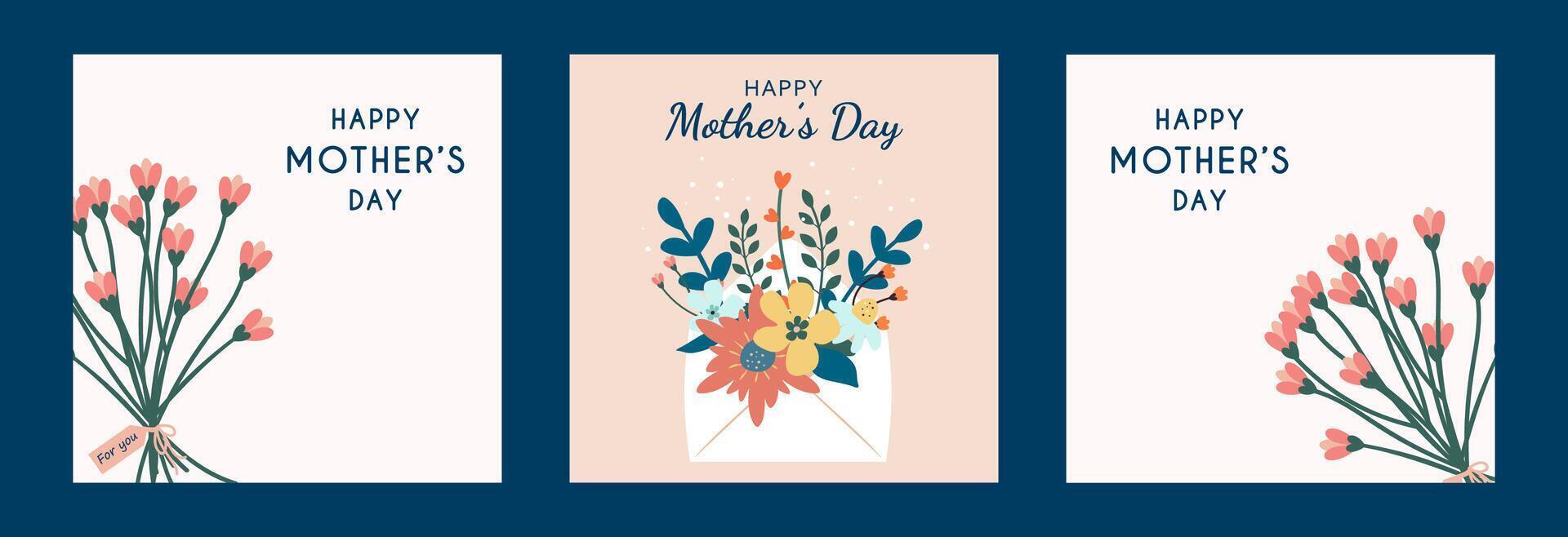Set of Mother's Day greeting cards with beautiful blooming flowers and envelope on blue background. vector